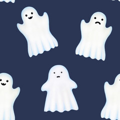 Funny spooky ghosts Halloween decor seamless pattern. Hand drawn illustration. Scary ghost, spirit elements fly on dark background. For Halloween gift packaging, printing, wrapping paper decoration