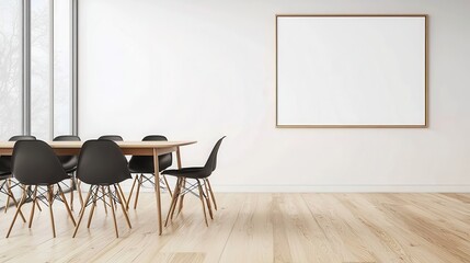 Minimalist Dining Room with Wooden Table and Chairs  White Wall  Large Frame  and Hardwood Floor