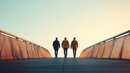 Perspective from below of friends walking together on a bridge, the sky above them clear, representing shared journeys and companionship, enduring friendship