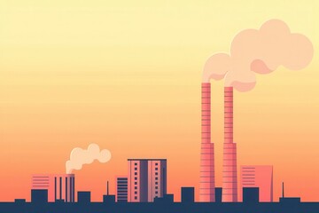 Obraz premium Polluted skyline with chimneys flat design front view, environmental degradation theme, cartoon drawing, colored pastel