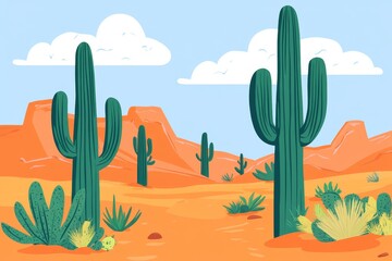 Cartoon illustration of a desert landscape with cacti, mountains and clouds.