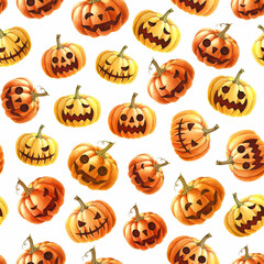 Halloween holiday smiling spooky pumpkins seamless pattern decor. Hand drawn orange scary Halloween pumpkins on white background. Autumn scary mood backdrop for wrapping, fabric, textile