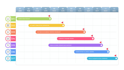 Gantt chart infographic template with seven tasks, project timeline infographics, vector eps10 illustration