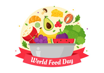 World Food Day Vector Illustration on 16 October with Various Foods, Fruit and Vegetable in a Flat Style Cartoon Background