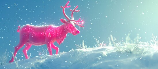Neon pink reindeer with a sparkling red nose, on a snowy hill with a clear blue sky and gentle snowfall.