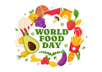 World Food Day Vector Illustration on 16 October with Various Foods, Fruit and Vegetable in a Flat Style Cartoon Background