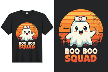 Cute Halloween Ghost Nurse, Boo Boo Squad, T-Shirt Design. Kawaii Spooky Nurse Costume for Kids & Adults.
