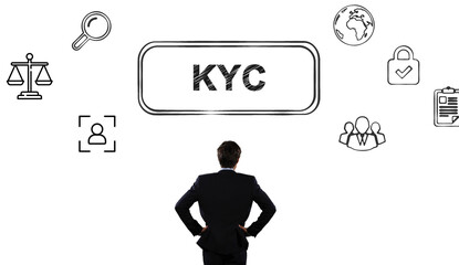 Interactive KYC compliance interface with the user. Business professional interacting with a Know Your Customer (KYC) compliance and security interface on digital screen. Identity verification, E KYC	