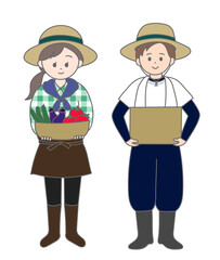 農家の夫婦　麦わら帽子　全身