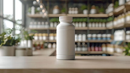 A white plastic bottle with a cap sits on a wooden counter in front of a blurred background of shelves stocked with various products.