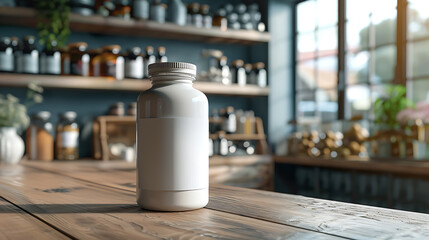 A white bottle with a blank label sits on a wooden counter in front of a shelf filled with apothecary jars. The bottle is ready for your product label and branding.