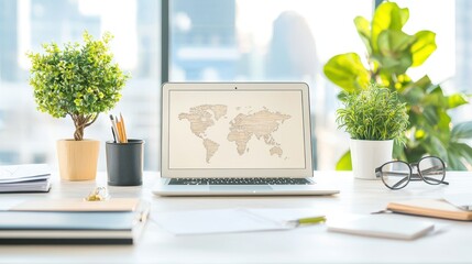 Modern Office Desk with Laptop  World Map  and Plants
