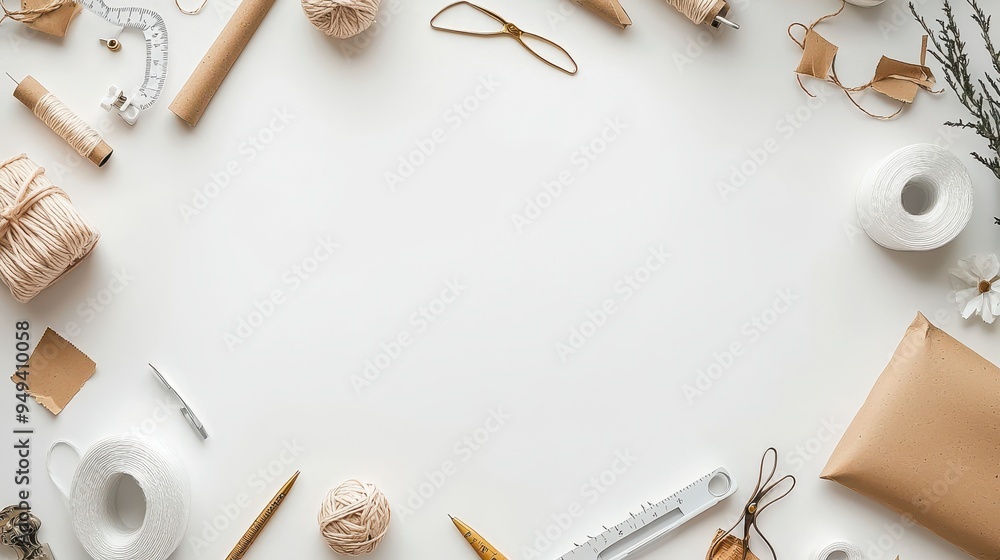 Poster Flat Lay with White Background  String  Yarn  and Measuring Tools