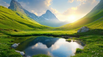 Fototapeta premium Tranquil Mountain Lake with Reflections of Clouds and Peaks