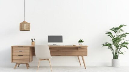 Minimalist Home Office Desk with White Wall and Natural Light