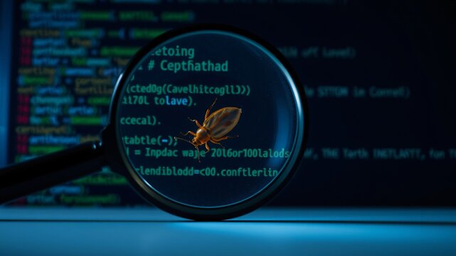 A small bug  is magnified through a glass lens, highlighting  coding bugs in computer programming 