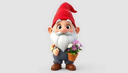 Obraz premium Cute Cartoon Garden Gnome Holding Flowers