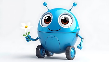 Obraz premium Cute Blue Robot Holding a Flower