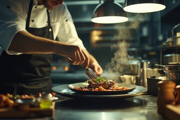 A chef preparing a gourmet meal in a modern kitchen, with copy space
