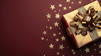 Maroon background showcasing a gift with a golden bow, surrounded by golden stars, left-side copy space.