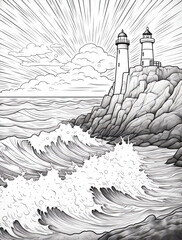 Fototapeta premium Adult coloring pages, illustrate the rugged coastline of New England with crashing waves and lighthouses on rocky cliffs