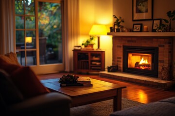 A cozy living room with a fireplace wide-angle, with copy space