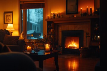 A cozy living room with a fireplace wide-angle, with copy space