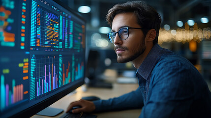 Fototapeta premium Focused man analyzing data on a computer screen, surrounded by visualizations and graphs. Ideal for tech and business themes.