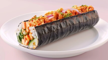 A Large Sushi Roll with Various Fillings on a White Plate