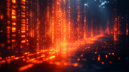 Fototapeta premium Futuristic digital landscape with glowing orange data streams, creating a dynamic and vibrant visual experience in technology.