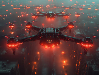 Futuristic drones hover over a neon-lit cityscape, showcasing advanced technology amidst a cinematic ambiance.