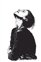 Fototapeta premium Black and white illustration of a pensive figure looking upward, capturing emotion and depth in a minimalistic style.