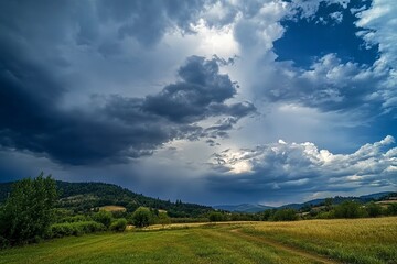 Beautiful dark dramatic sky with stormy clouds before rain or snow. Thunderstorm heaven landscape. Generative Ai