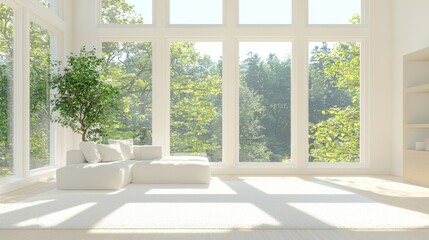 Modern Living Room with White Sofa  Green Plant  and Large Windows