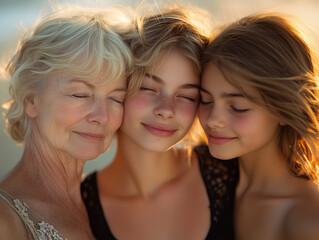 Fototapeta premium Intergenerational Female Trio with Varied Expressions on Sunlit Beach