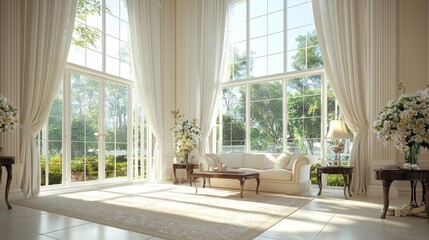 Elegant Living Room with Large Windows and White Curtains