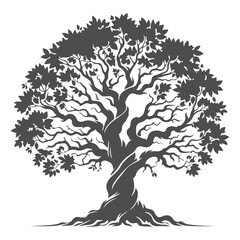Bonsai black tree silhouette, isolated on white background.  Forest tree with leaves vector logo.