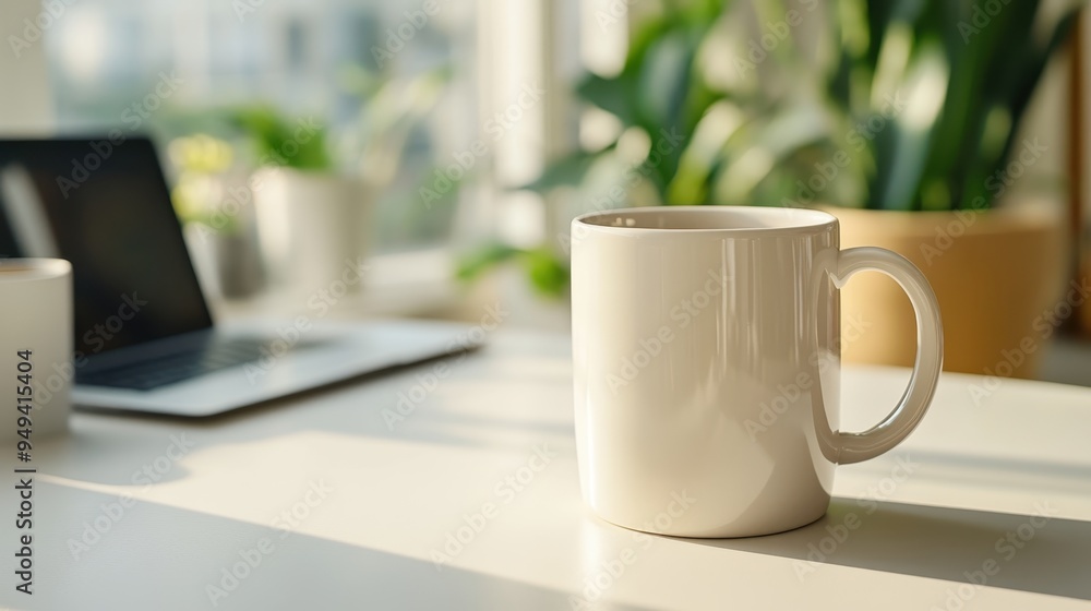 Poster clean workspace with mug and laptop displaying design options on white surface
