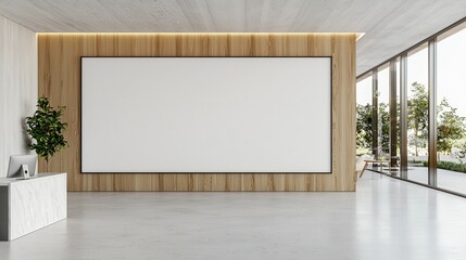 Modern Office Interior with Large Blank Canvas Wall and Wooden Panels
