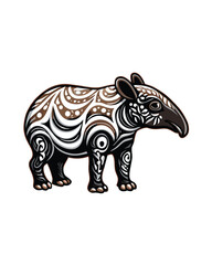 A detailed illustration of a Malayan tapir with intricate patterns on its body, isolated on a white background.