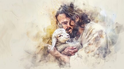 A gentle watercolor painting of Jesus and a lamb