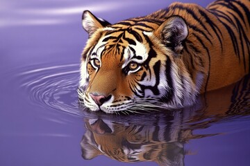 Close-up of a Tiger's Head Emerging from Purple Water