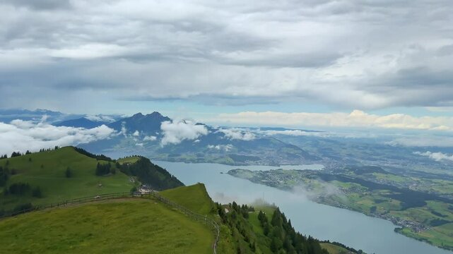 Panoramic Aerial View Of The Rigi Mountain Massif of the Alps In Central Switzerland.