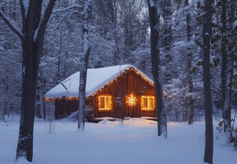 A snow-covered cabin in the woods with Christmas lights glowing softly through the trees