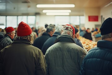 A group of people waiting in line at a food bank, with copy space