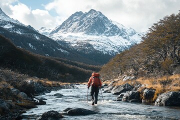 A hiker crossing a river with a mountain backdrop, with copy space