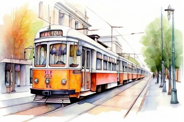 watercolor pencil tram a digital illustration of a tram rendered