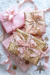 Joyful pink and gold Christmas presents with sparkling ribbons on a white background. Snowflakes and small stars. Top view with space for text.
