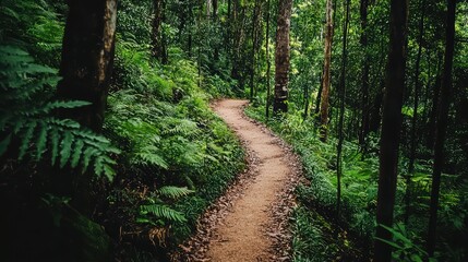 Obraz premium Green Rainforest Path. A narrow path winding through a dense green rainforest.