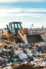 Obraz premium A track loader moves large piles of waste at a landfill, its bucket filled with debris. The scene shows